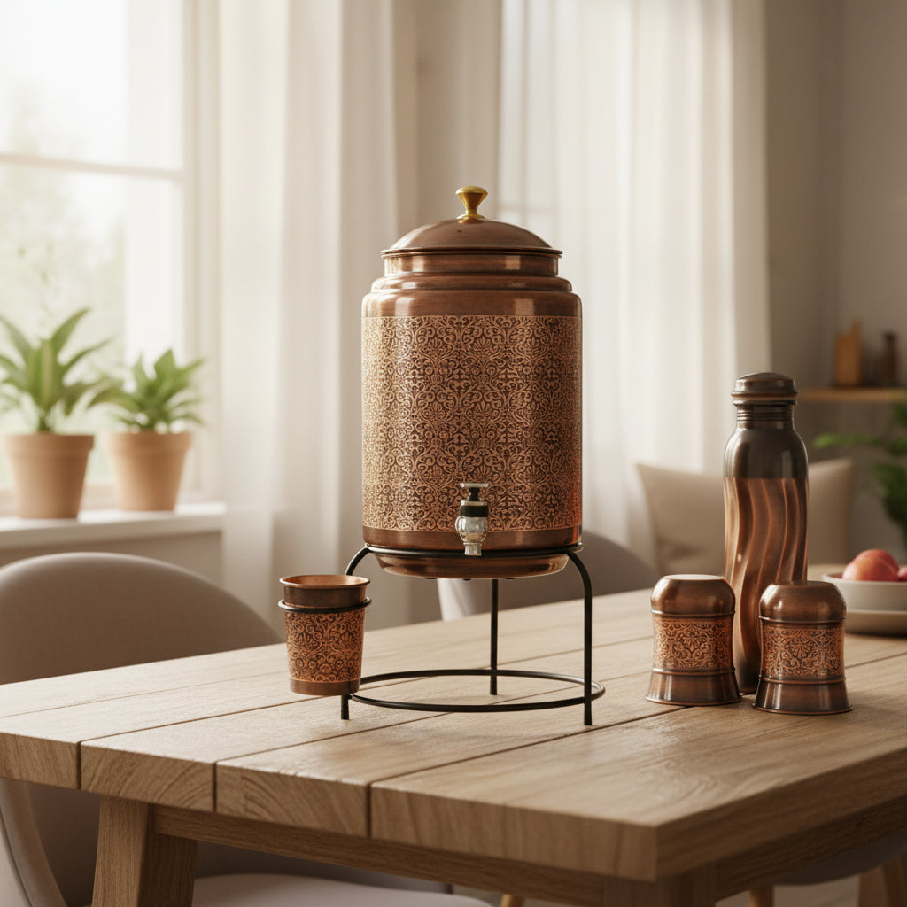 ROYALSTUFFS 8 Liter Copper Embossed Black Water Dispenser Tank + 3 Glass & Stand with 1000 Ml Copper Bottle Handmade Copper Container | Anniversary, Birthday, Wedding Etc.