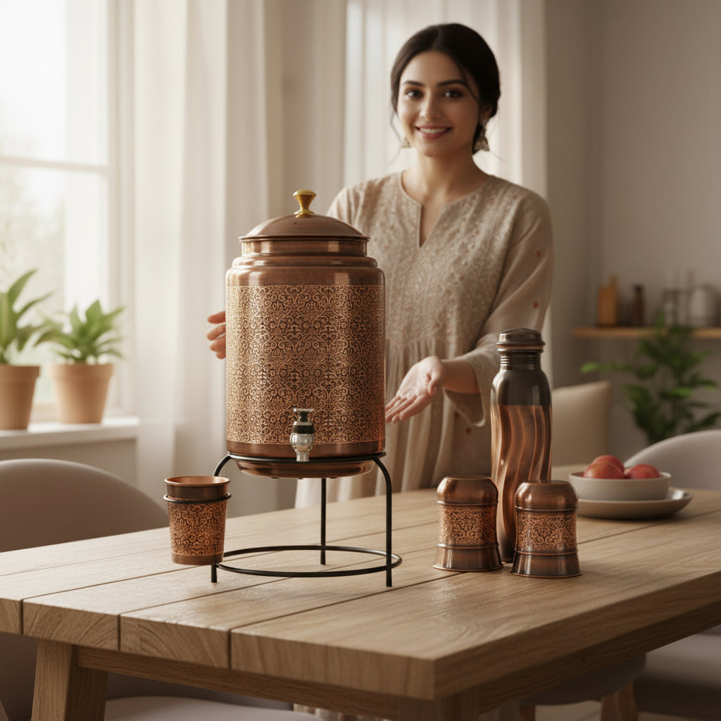 RoyalStuffs 8 Liter Embossed Black Copper Water Dispenser Set – Copper Tank with Stand, 3 Glasses & 1000 ML Bottle