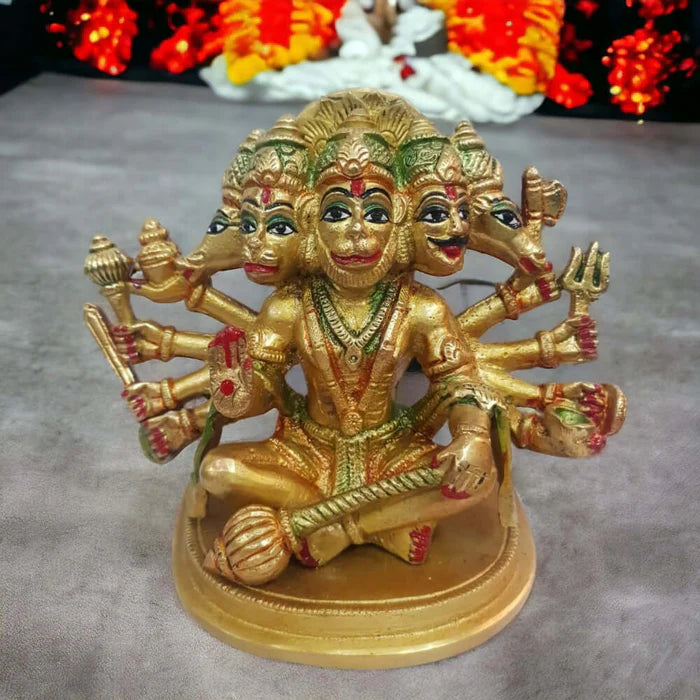RoyalStuffs 5 Inch Pure Brass Panchmukhi Coloured Hanuman Ji Idol – Handcrafted Divine Brass Murti