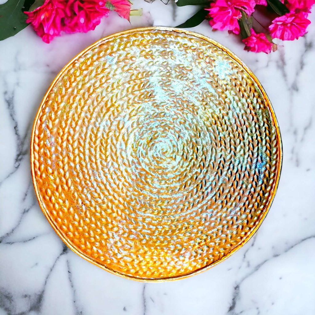 ROYALSTUFFS Metal Round Platter – Carved  – Glittery Gold and Silver (12×0.5 inch)