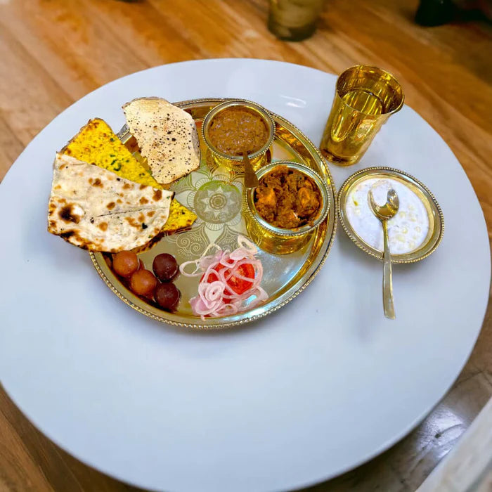 6 Piece Brass Thali Dinner Set – Premium Gold Finish Brass Dining Set with Thali, Bowls, Glass & Spoon