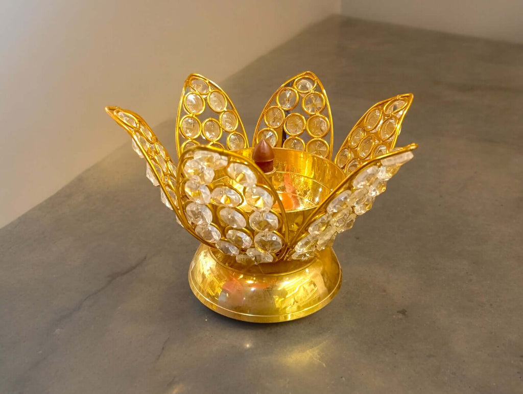Brass Lotus Kamal Shape Akhand Crystal Diya - 4 Inch