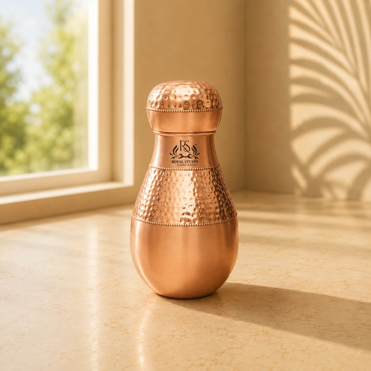 RoyalStuffs Pure Copper Bedroom Carafe Set – Hammered Copper Water Vessel with 4 Glasses (1600 ML)