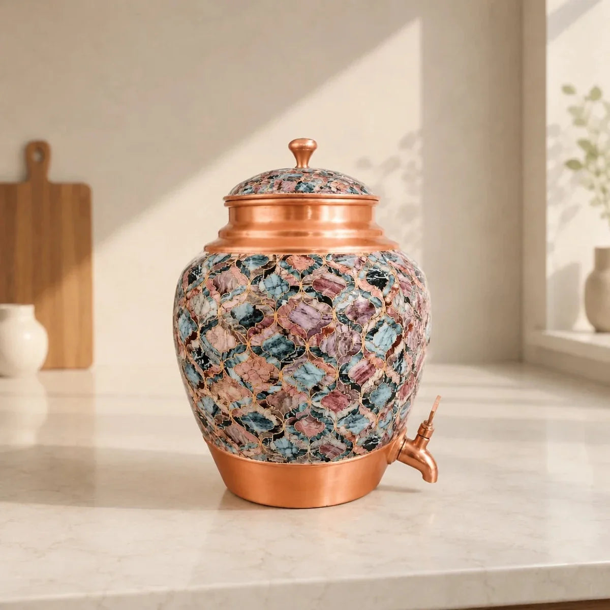 RoyalStuffs Copper Water Dispenser with Abstract Meena Art – 10 Liter Printed Copper Storage Container with Brass Tap