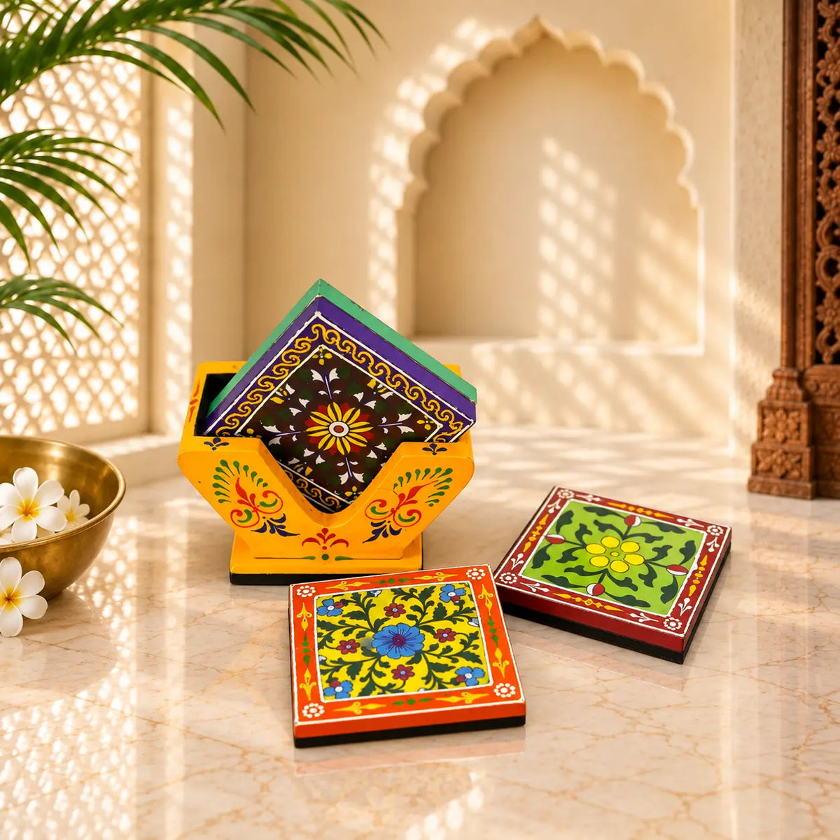 Set Of 4 Wood MDF Rich Traditional Hand Painted Tea Coaster With Beautiful Stand for Corporate Gifting, For Home, Size: 3.5 Inch Each