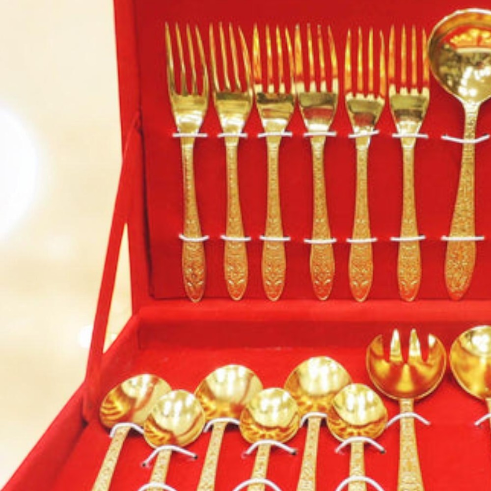 27-Piece Brass Cutlery Set in Premium Red Velvet Box – Royal Dining & Gifting Collection | RoyalStuffs