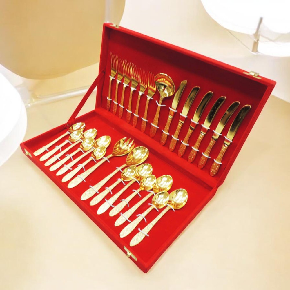 27-Piece Brass Cutlery Set in Premium Red Velvet Box – Royal Dining & Gifting Collection | RoyalStuffs