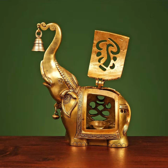 Heavy Brass Elephant Diya with Bell – Handcrafted Decorative Oil Lamp (10.5 Inch)