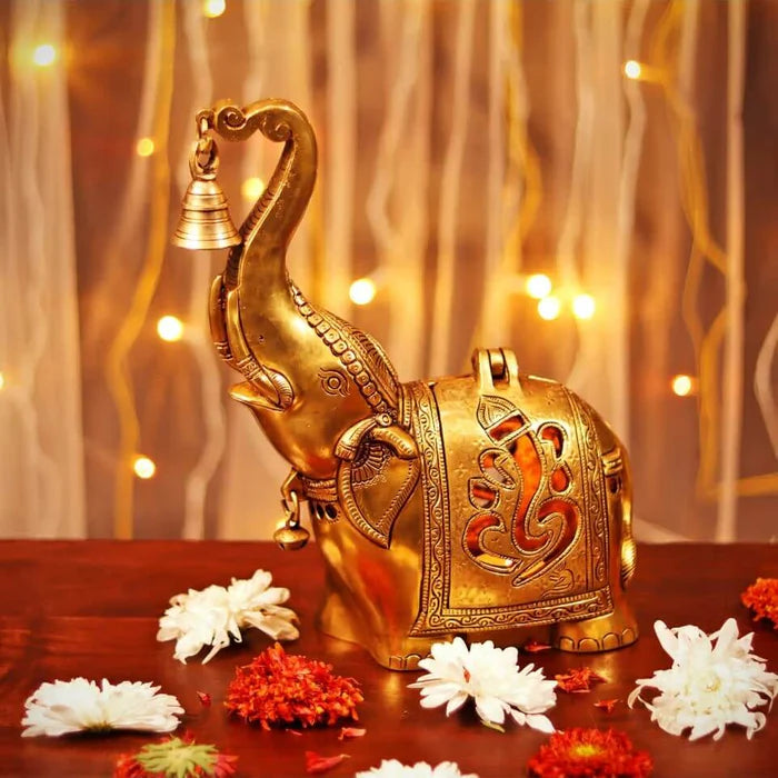Heavy Brass Elephant Diya with Bell – Handcrafted Decorative Oil Lamp (10.5 Inch)