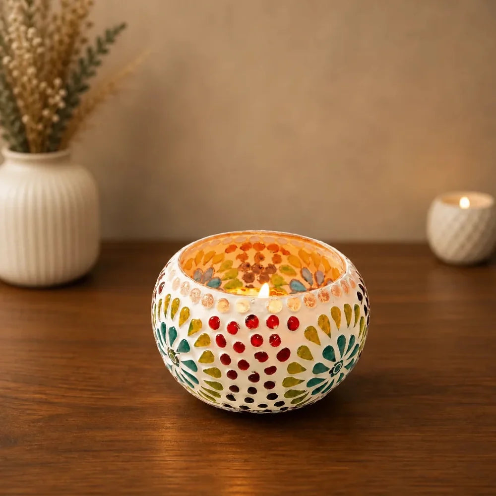 Big Handmade Mosaic Multicolored Candle Holder