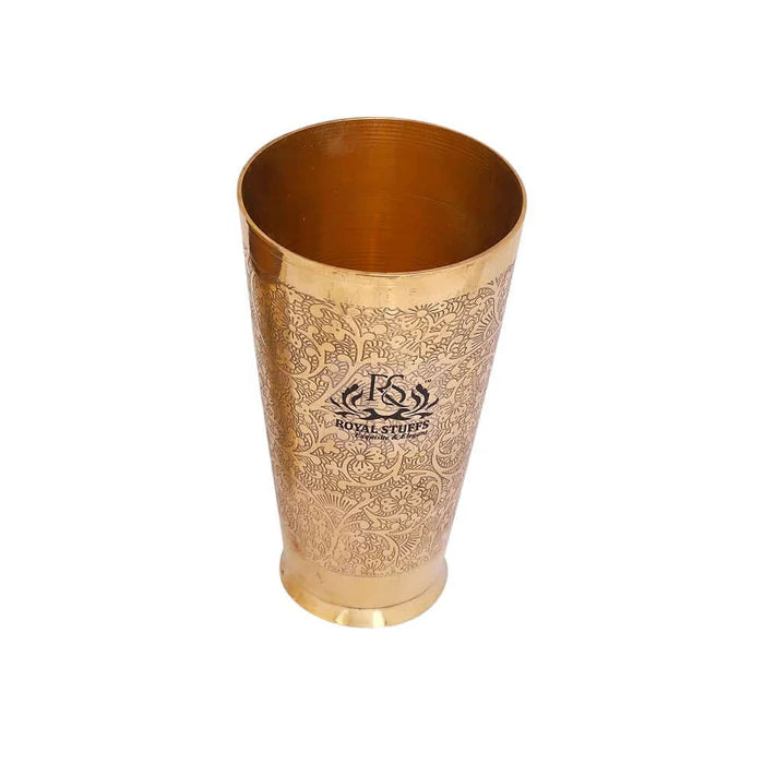 RoyalStuffs Set of 2 Pure Brass Lassi Glasses – 600 ML Embossed Traditional Design Tumblers