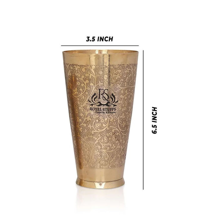 RoyalStuffs Set of 2 Pure Brass Lassi Glasses – 600 ML Embossed Traditional Design Tumblers