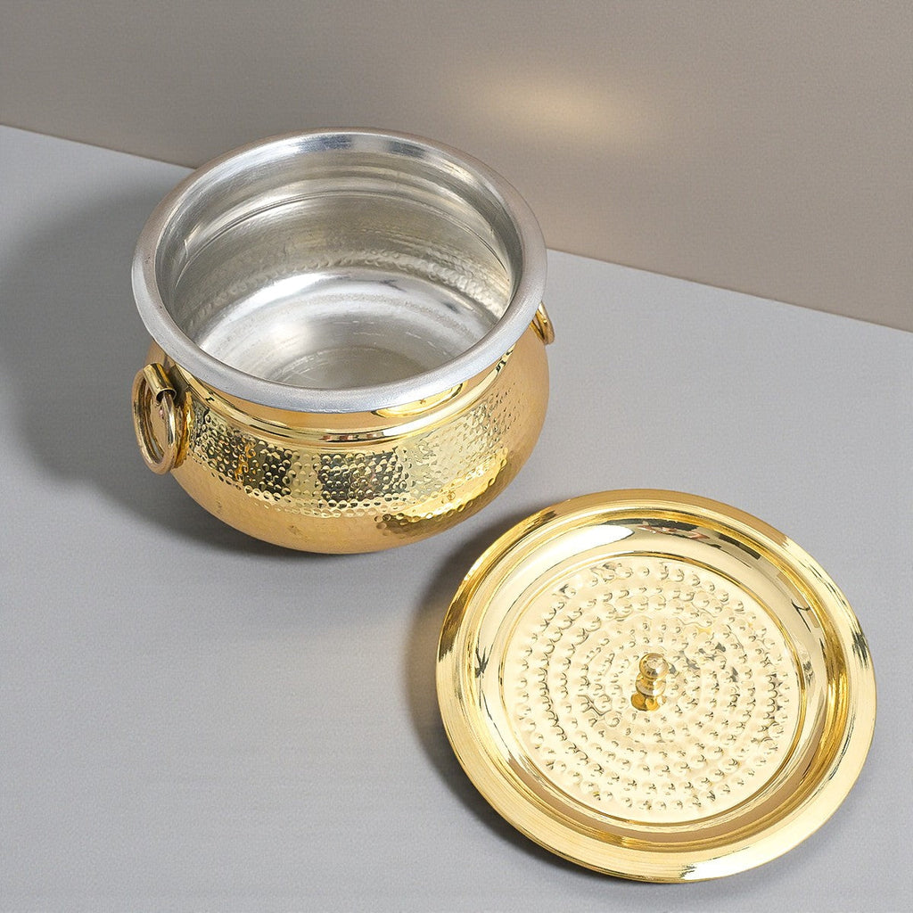 Hammered Brass Degchi Pot with Lid & Tin (Kalai) Coating – Traditional Heavy Brass Cooking Vessel | 3 Sizes | RoyalStuffs