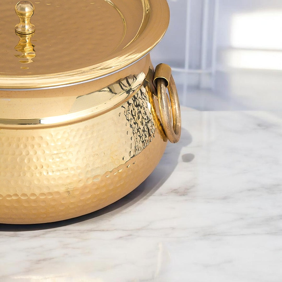 Hammered Brass Degchi Pot with Lid & Tin (Kalai) Coating – Traditional Heavy Brass Cooking Vessel | 3 Sizes | RoyalStuffs