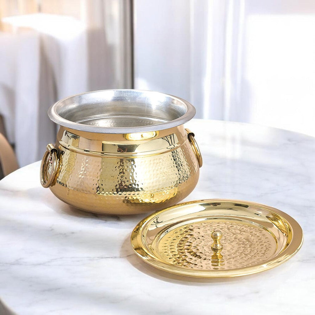 Hammered Brass Degchi Pot with Lid & Tin (Kalai) Coating – Traditional Heavy Brass Cooking Vessel | 3 Sizes | RoyalStuffs