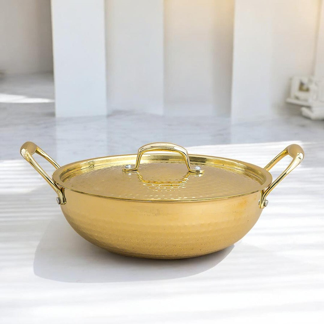 Hammered Brass Kadhai with Lid & Tin (Kalai) Coating – Traditional Heavy Brass Cooking & Serving Kadhai | 3 Sizes | RoyalStuffs