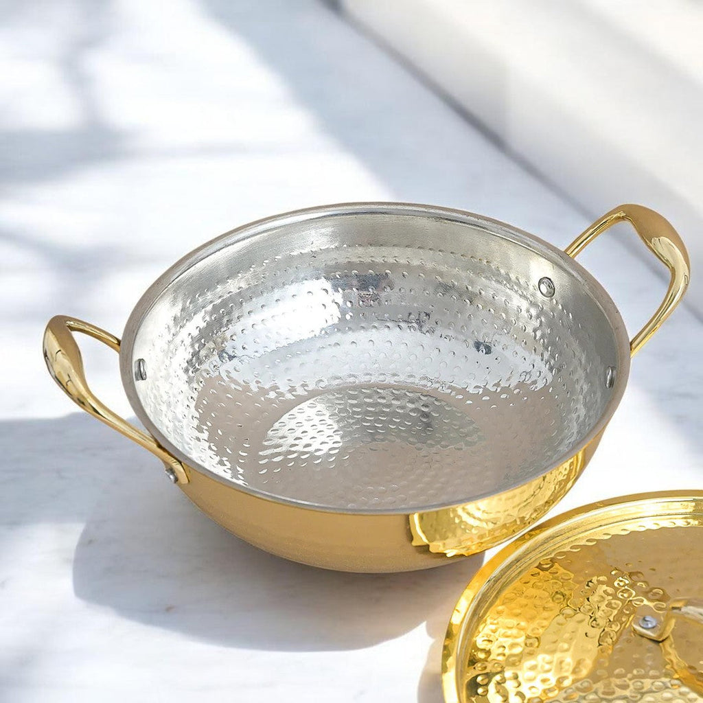 Hammered Brass Kadhai with Lid & Tin (Kalai) Coating – Traditional Heavy Brass Cooking & Serving Kadhai | 3 Sizes | RoyalStuffs