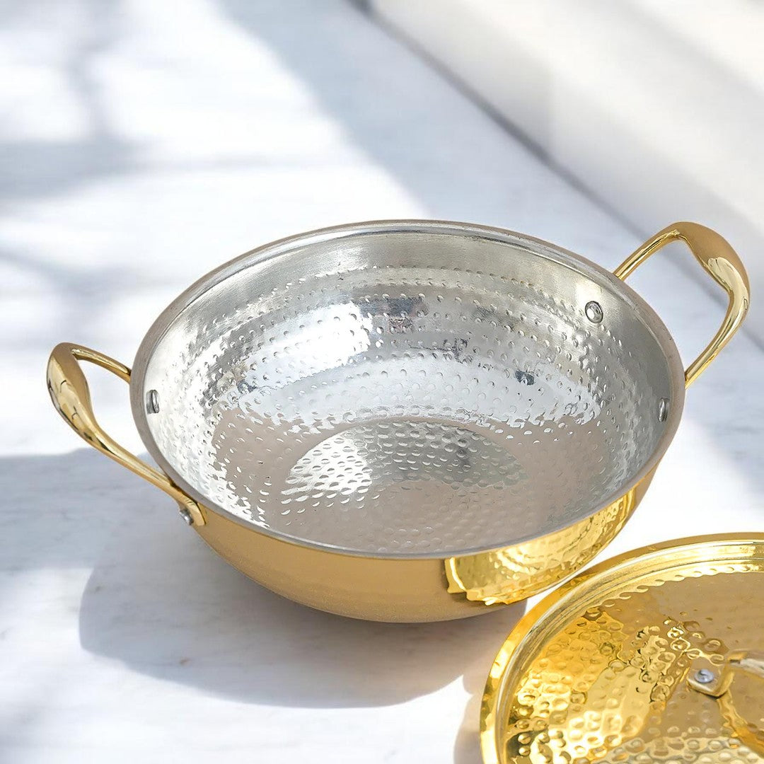 Hammered Brass Kadhai with Lid & Tin (Kalai) Coating – Traditional Heavy Brass Cooking & Serving Kadhai | 3 Sizes | RoyalStuffs