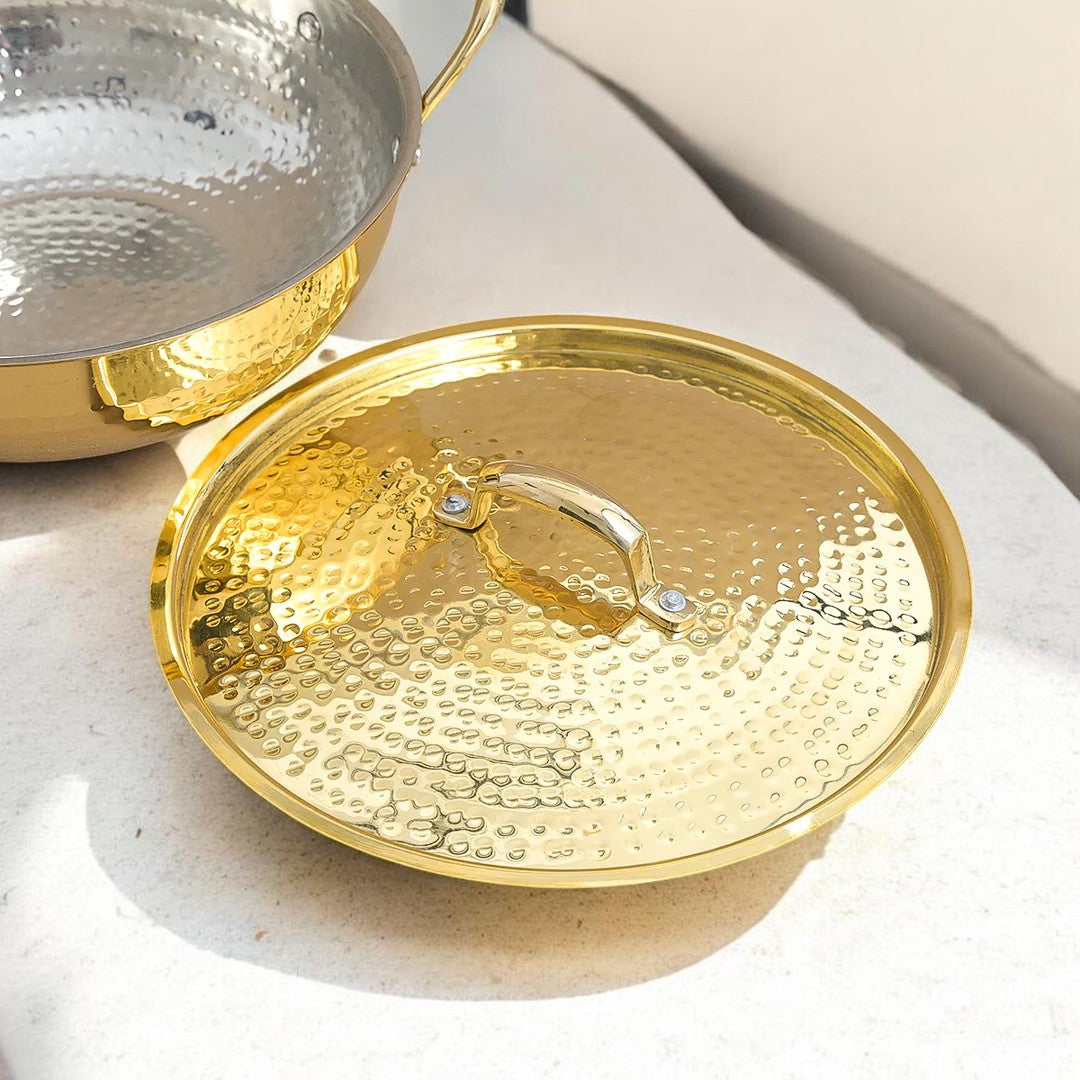 Hammered Brass Kadhai with Lid & Tin (Kalai) Coating – Traditional Heavy Brass Cooking & Serving Kadhai | 3 Sizes | RoyalStuffs