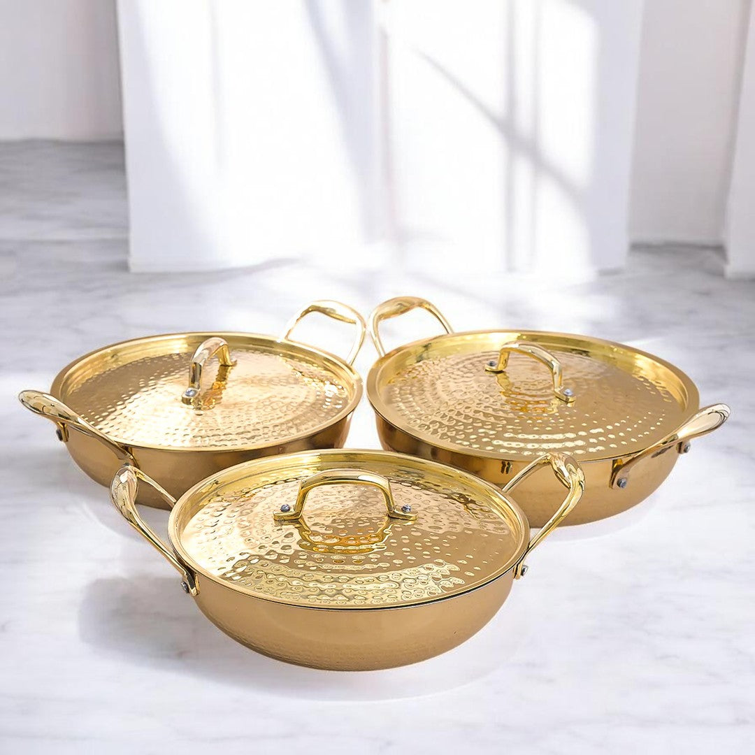 Hammered Brass Kadhai with Lid & Tin (Kalai) Coating – Traditional Heavy Brass Cooking & Serving Kadhai | 3 Sizes | RoyalStuffs