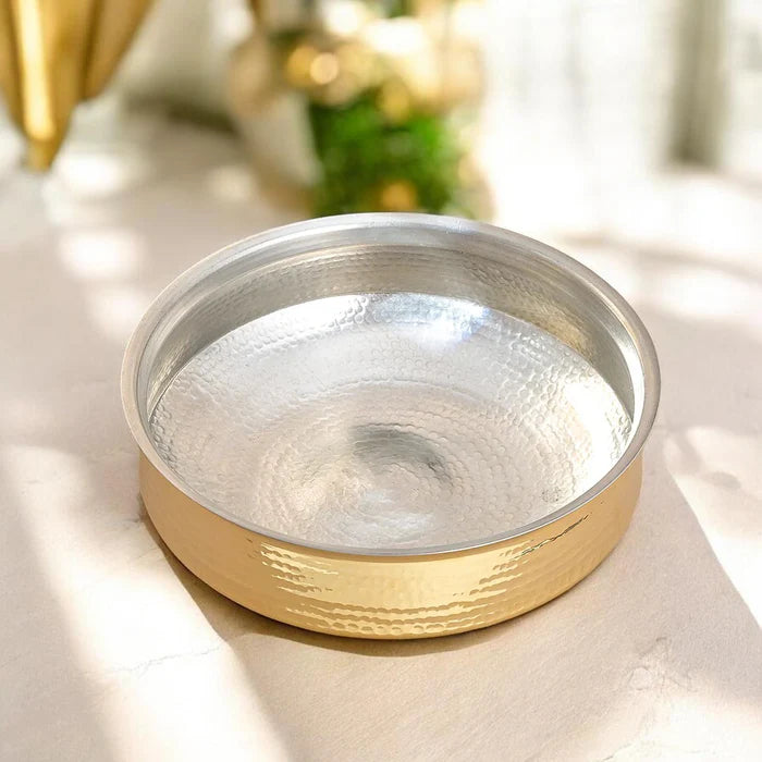 RoyalStuffs Handcrafted Hammered Brass Lagaan with Pure Tin Coating – Traditional Heavy Cooking Vessel (5 Size Options)