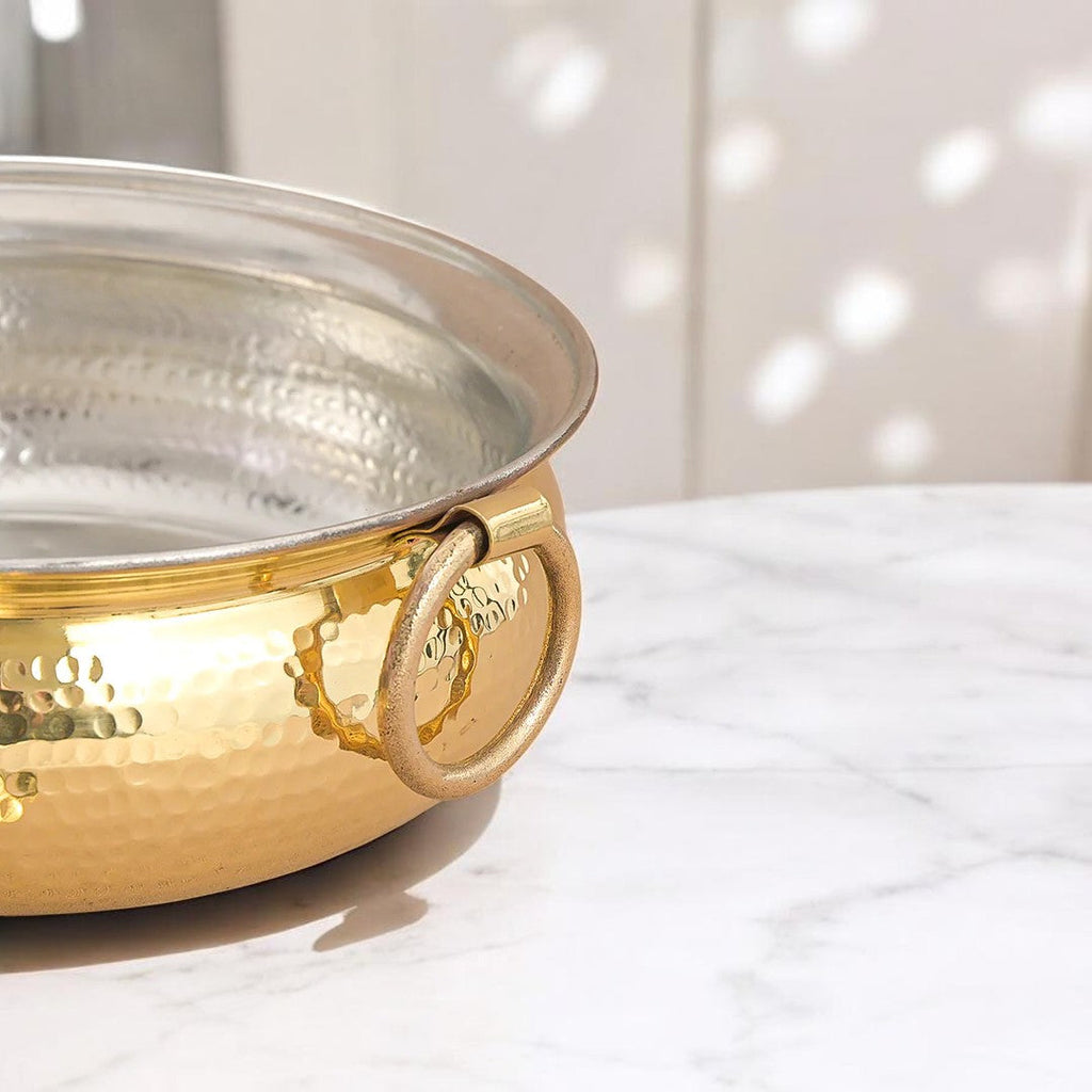 Hammered Mughlai Style Brass Handi with Lid & Tin (Kalai) Coating – Traditional Heavy Brass Cooking Pot | 3 Sizes | RoyalStuffs