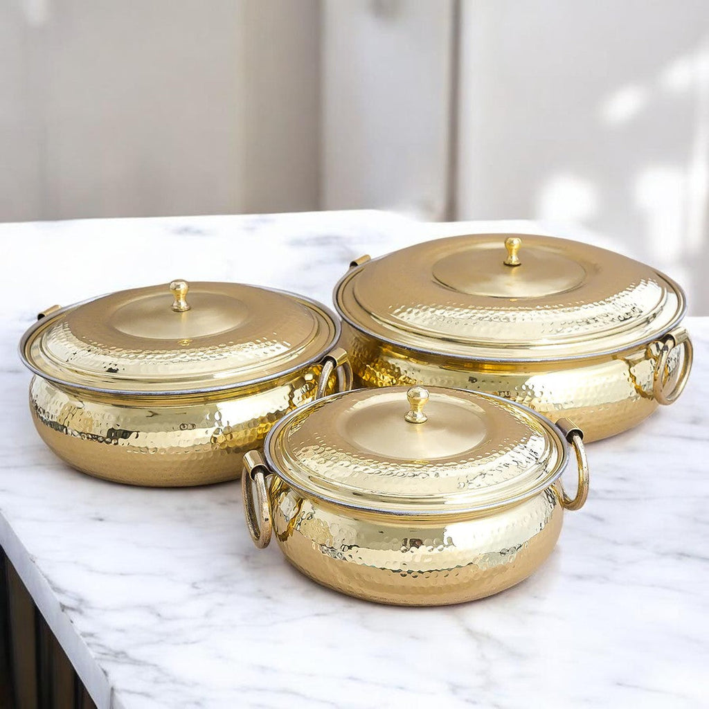 Hammered Mughlai Style Brass Handi with Lid & Tin (Kalai) Coating – Traditional Heavy Brass Cooking Pot | 3 Sizes | RoyalStuffs