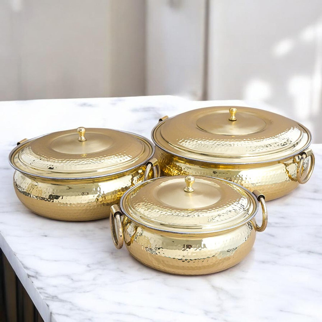 Hammered Mughlai Style Brass Handi with Lid & Tin (Kalai) Coating – Traditional Heavy Brass Cooking Pot | 3 Sizes | RoyalStuffs