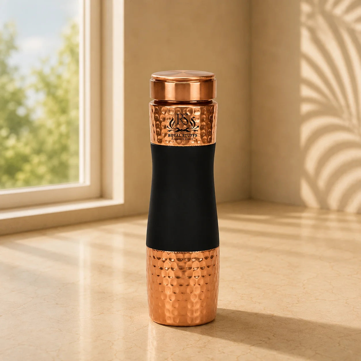 RoyalStuffs Pure Copper Hammered Bedside Carafe with Tumbler Lid – Black Designer Water Bottle (1000 ML)