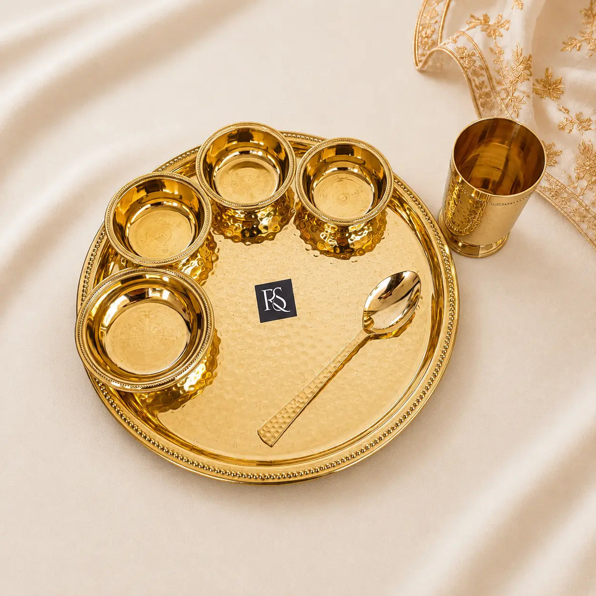 Pure Brass Hammered 7-Piece Dinner Set / Thali Set with Beaded Line Design