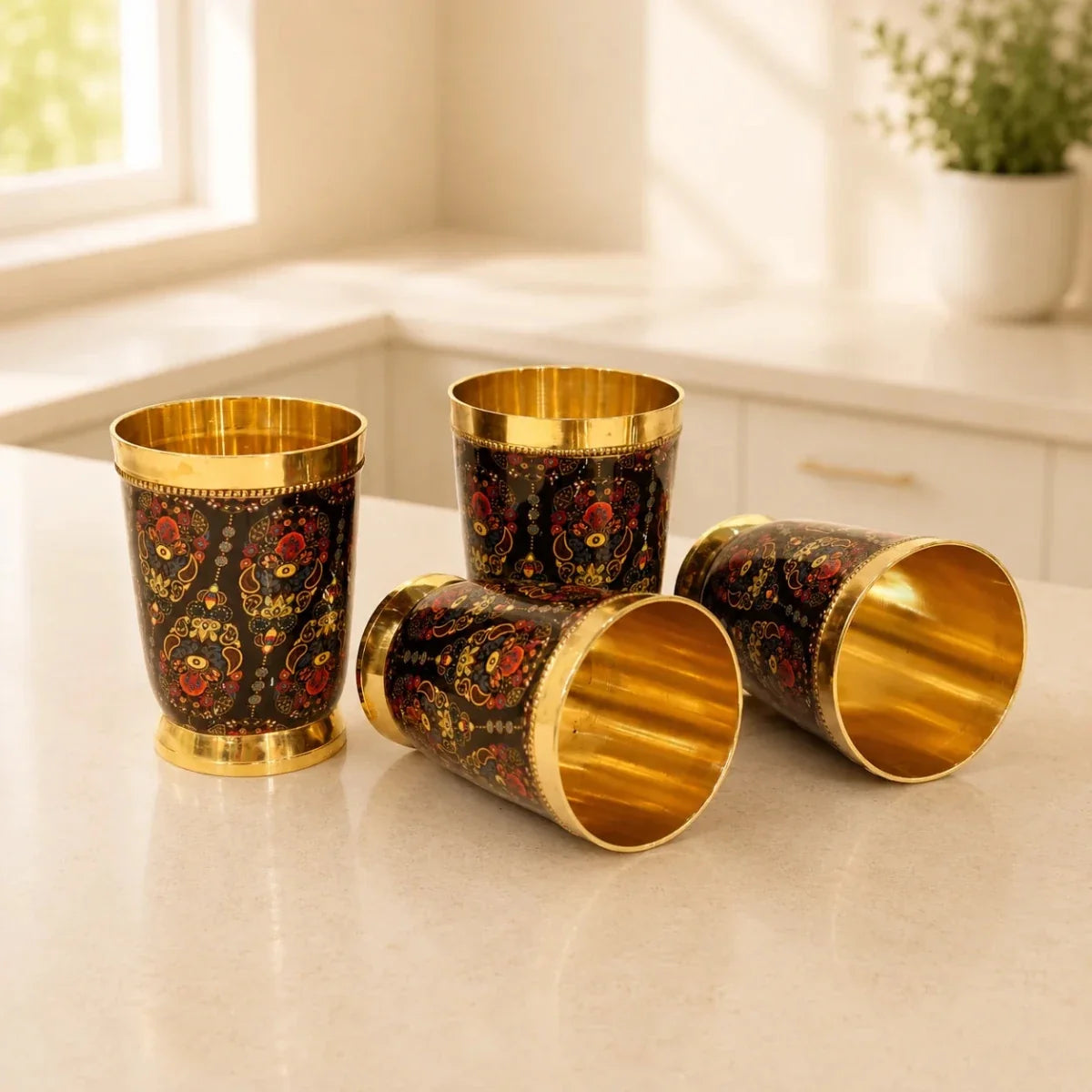 RoyalStuffs Colorful Enamel Finish Brass Glass Set – Set of 4 Handcrafted Brass Drinking Glasses