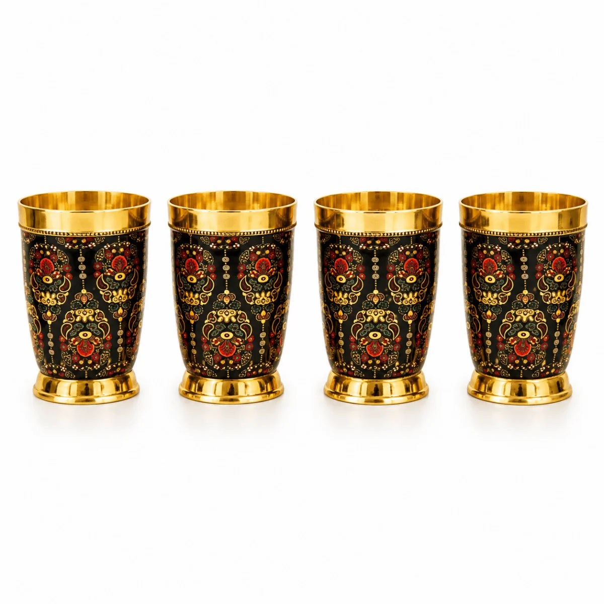 RoyalStuffs Colorful Enamel Finish Brass Glass Set – Set of 4 Handcrafted Brass Drinking Glasses