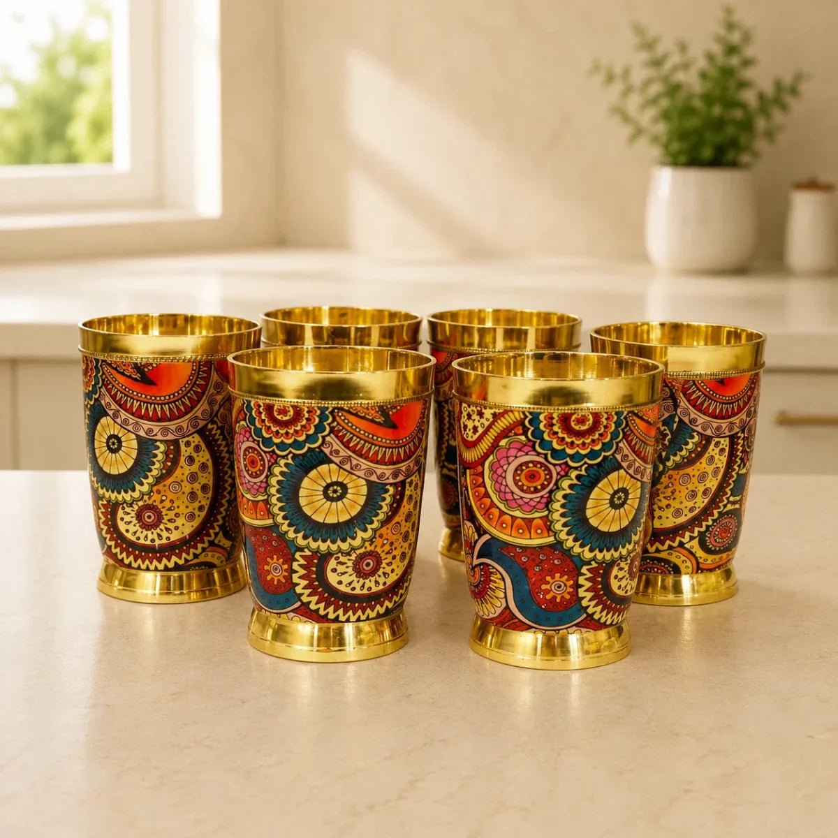 RoyalStuffs Colorful Enamel Finish Brass Glass Set – Set of 6 Handcrafted Brass Drinking Glasses