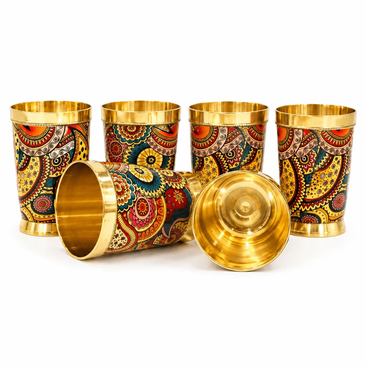 RoyalStuffs Colorful Enamel Finish Brass Glass Set – Set of 6 Handcrafted Brass Drinking Glasses
