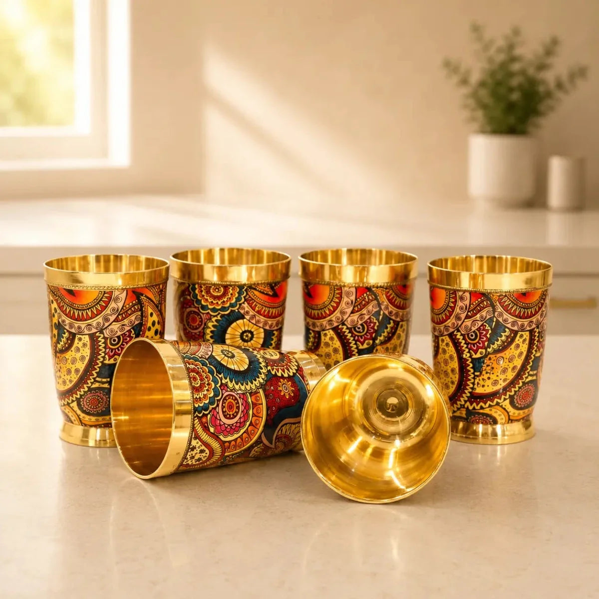 RoyalStuffs Colorful Enamel Finish Brass Glass Set – Set of 6 Handcrafted Brass Drinking Glasses
