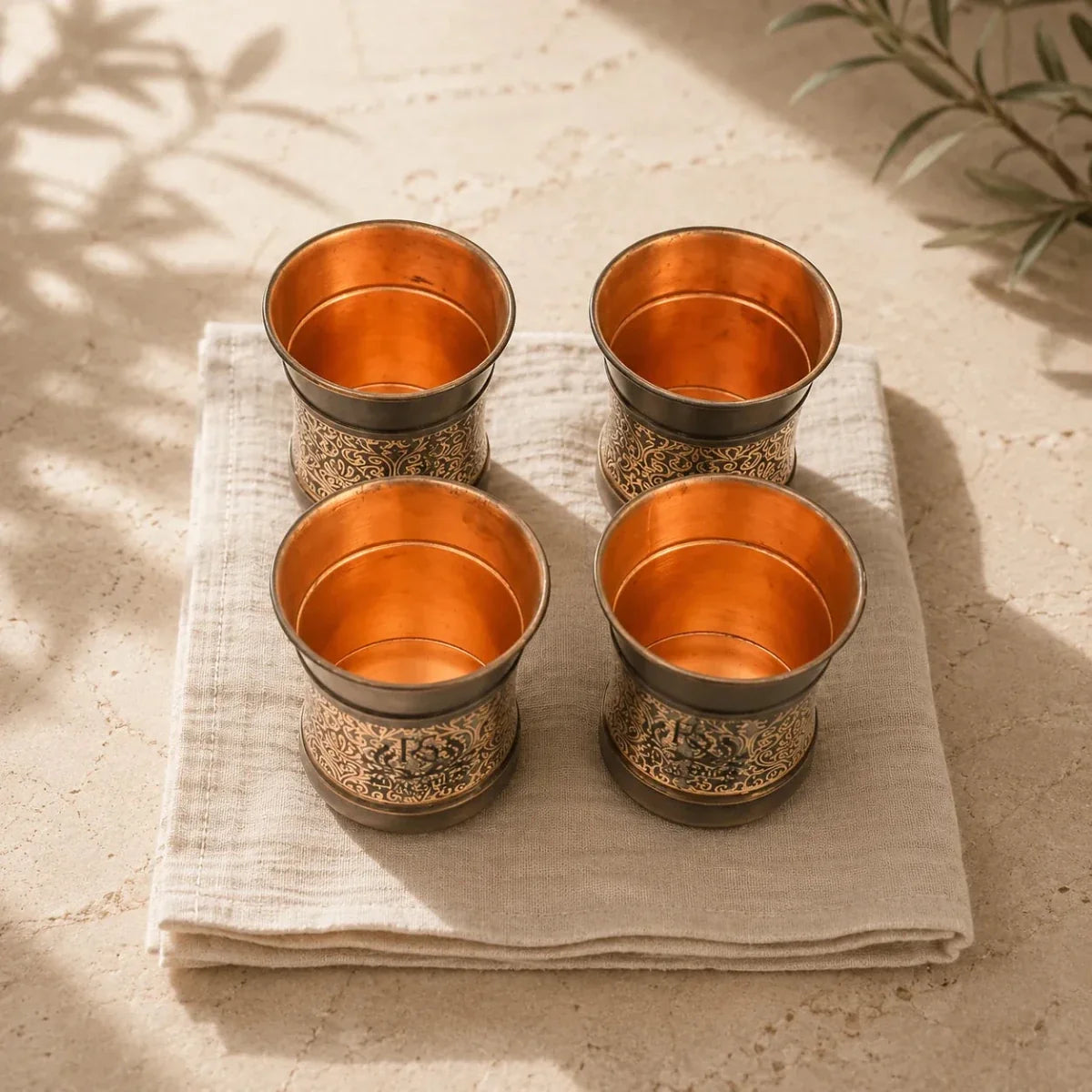Copper Glass Kashmiri Design Set of 4 Handcrafted Pure Copper Drinking Glasses – 250 ML