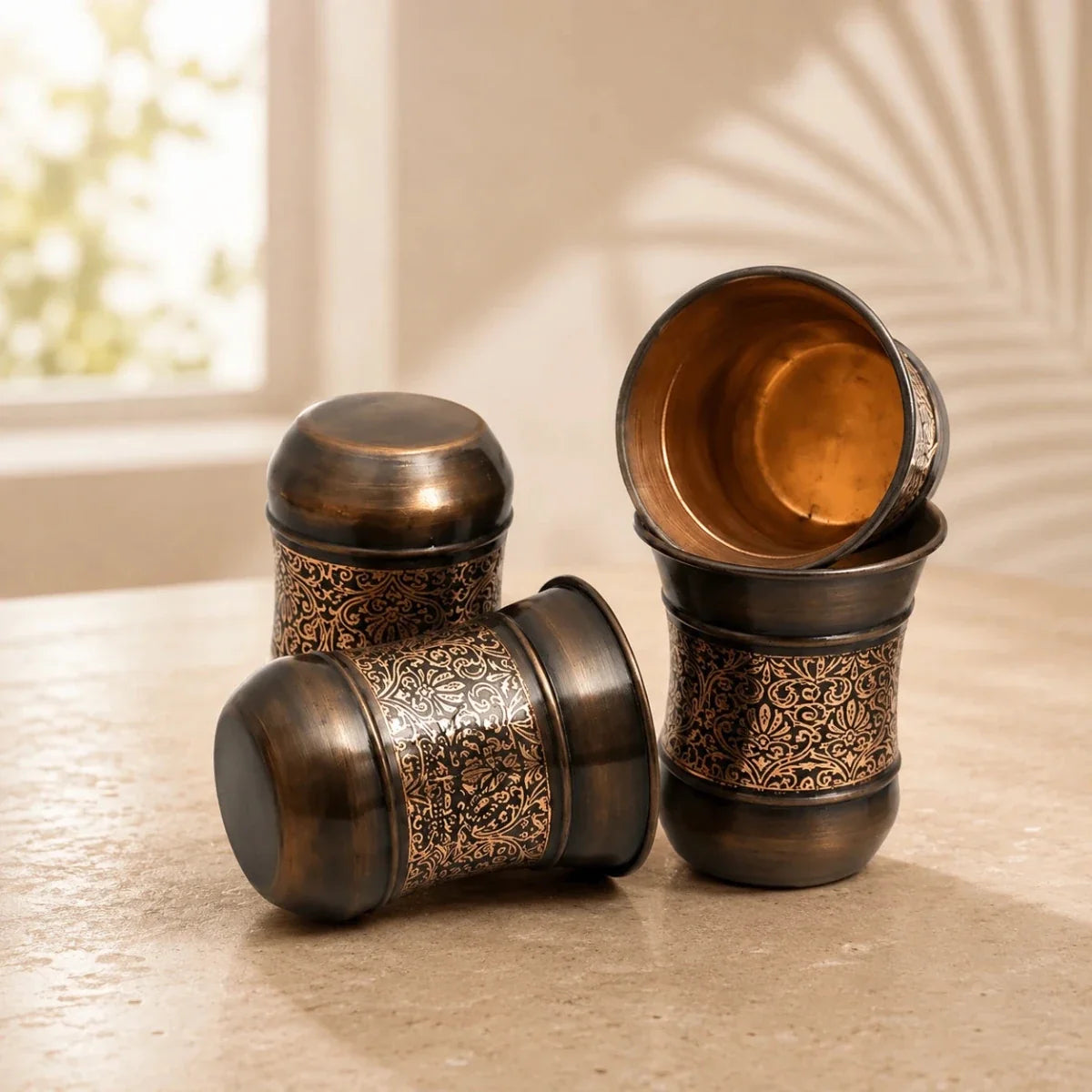 Copper Glass Kashmiri Design Set of 4 Handcrafted Pure Copper Drinking Glasses – 250 ML