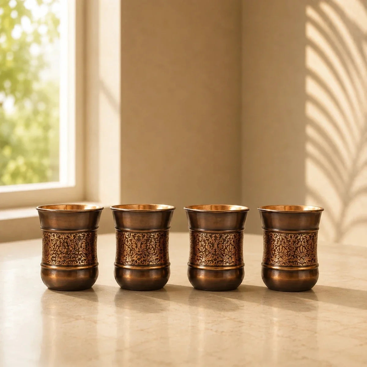 Copper Glass Kashmiri Design Set of 4 Handcrafted Pure Copper Drinking Glasses – 250 ML