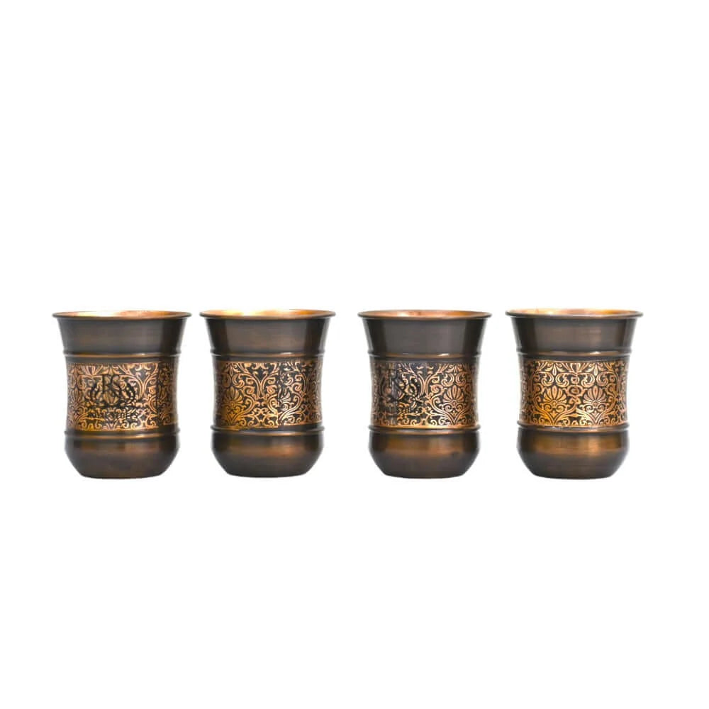 Copper Glass Kashmiri Design Set of 4 Handcrafted Pure Copper Drinking Glasses – 250 ML