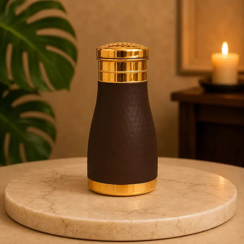 RoyalStuffs Copper Hammered Silk Finish Bedside Carafe Bottle with Inbuilt Glass – 1 Litre