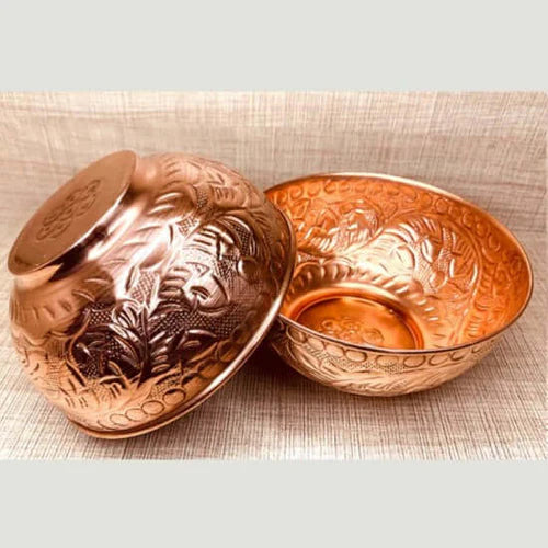 Set of 6 Embossed Leaf Design Copper Bowls – Handmade Serving Bowls (440 ML Each)