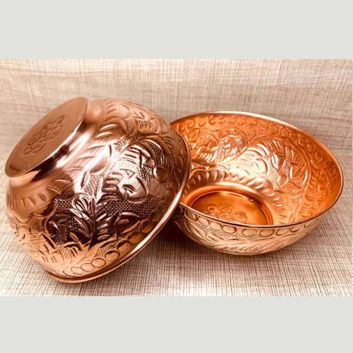 Set of 2 Embossed Leaf Design Pure Copper Bowls (440 ml Each) – Handcrafted Luxury Serveware