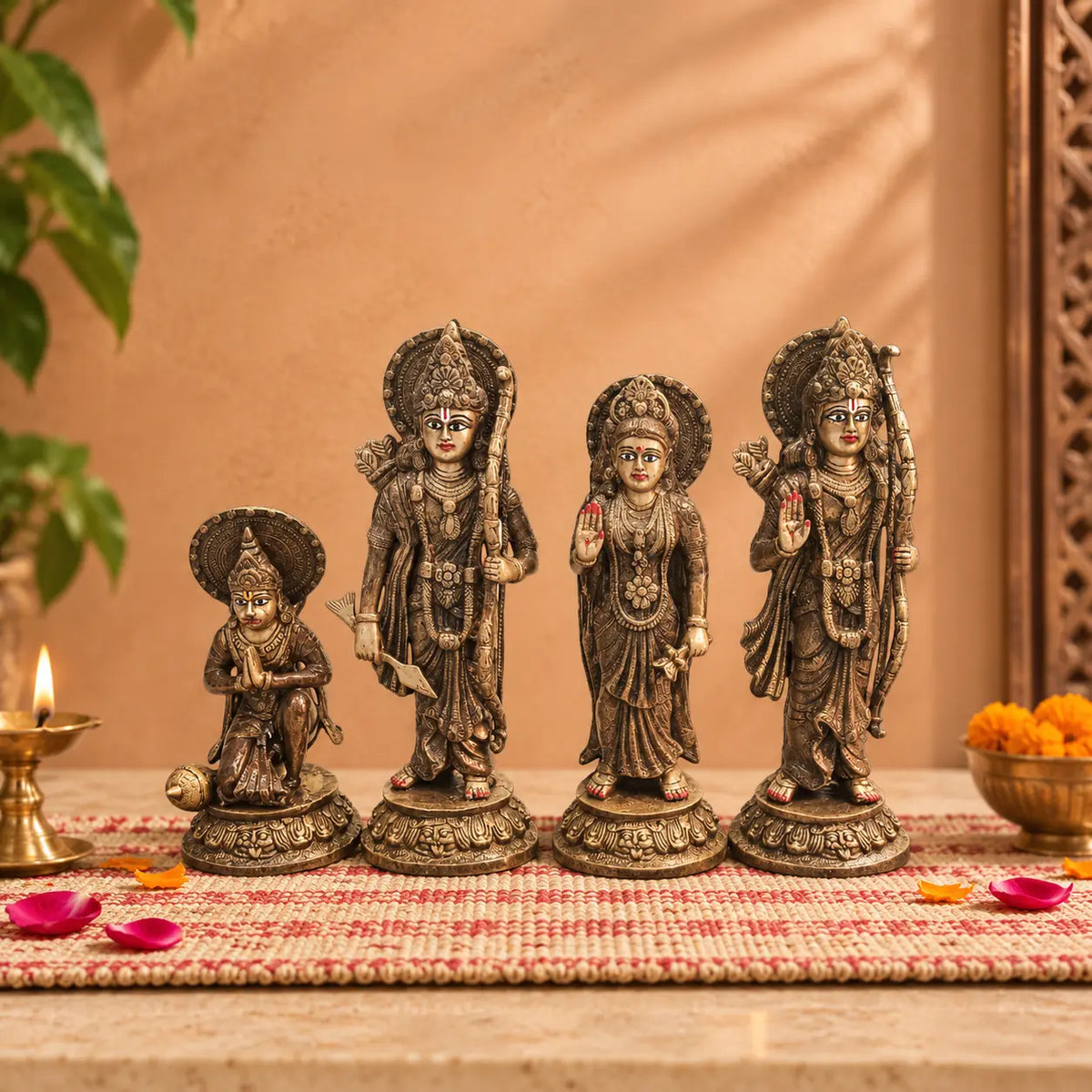 16-Inch Handmade Antique Dark Brass Ram Darbar Idol Set | Pure Brass | 18 Kg