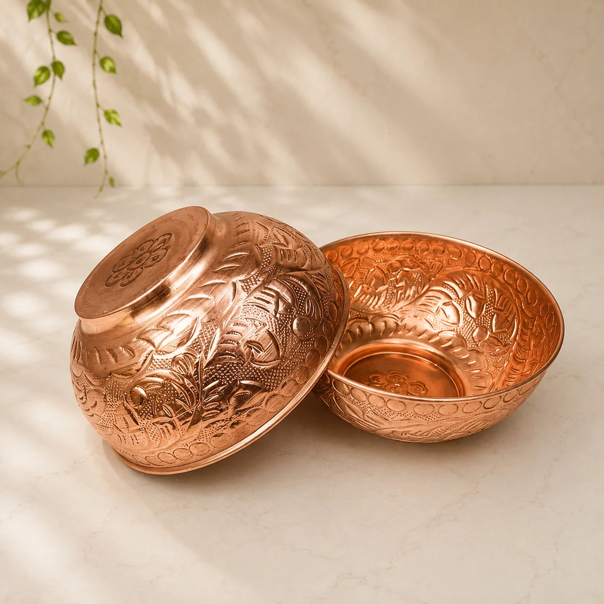 Set of 2 Embossed Leaf Design Pure Copper Bowls (440 ml Each) – Handcrafted Luxury Serveware