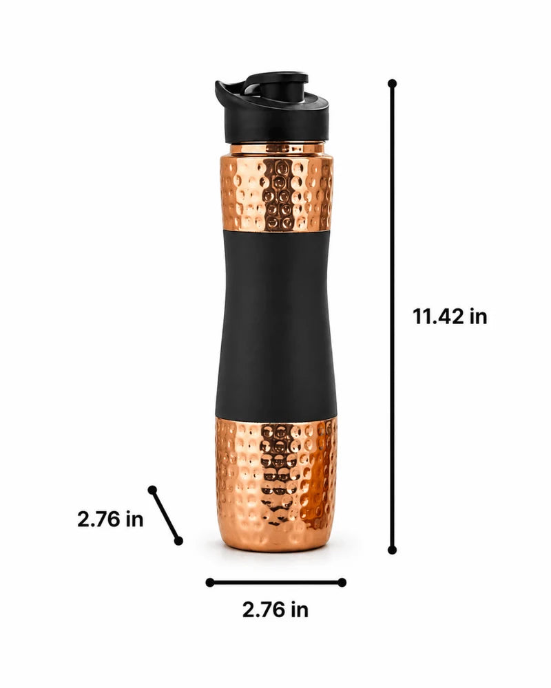 RoyalStuffs Designer Copper Hammered Sipper Bottle with Grey Silicone Grip – 1 Litre Leak-Proof Copper Bottle