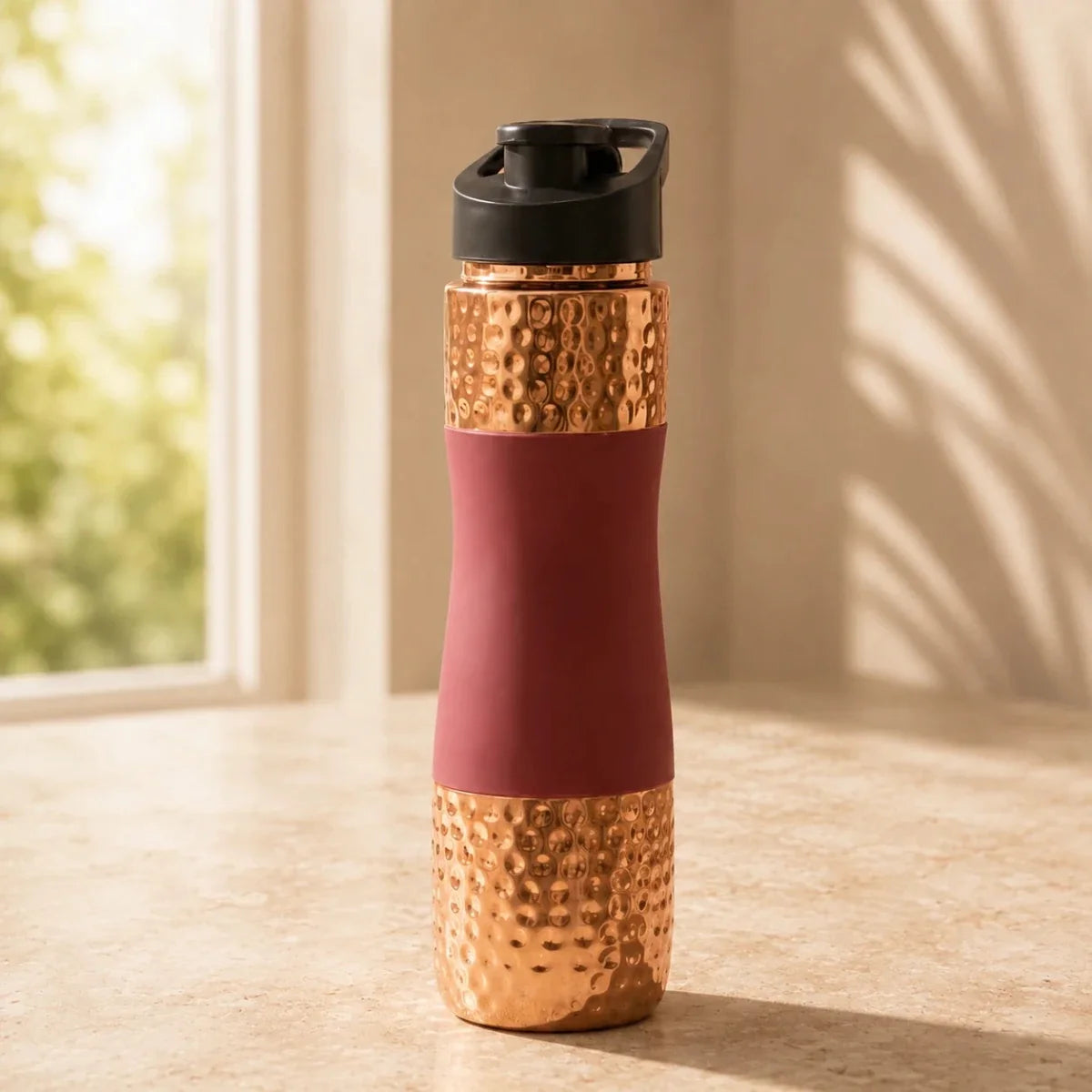 RoyalStuffs Designer Copper Hammered Sipper Bottle with Red Silicone Grip – 1 Litre Leak-Proof Copper Bottle