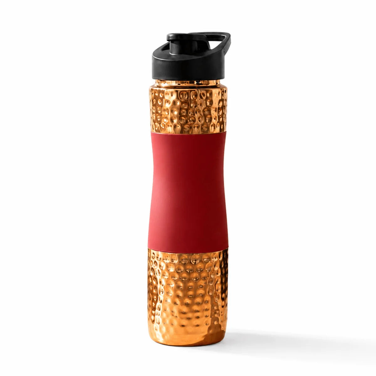 RoyalStuffs Designer Copper Hammered Sipper Bottle with Red Silicone Grip – 1 Litre Leak-Proof Copper Bottle