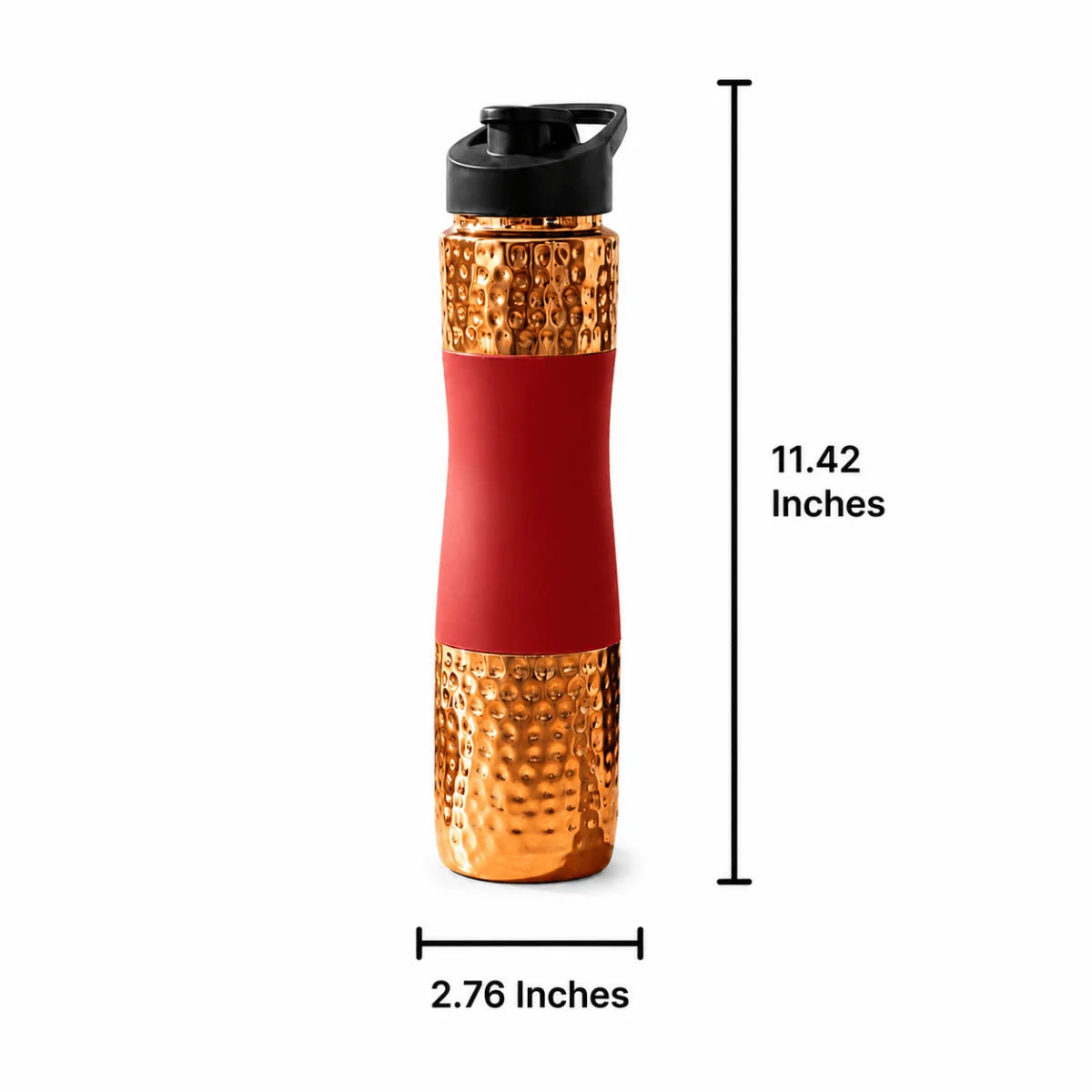 RoyalStuffs Designer Copper Hammered Sipper Bottle with Red Silicone Grip – 1 Litre Leak-Proof Copper Bottle