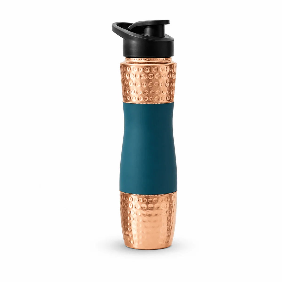 RoyalStuffs Designer Copper Hammered Sipper Bottle with Silicone Grip – 1 Litre Leak-Proof Copper Bottle