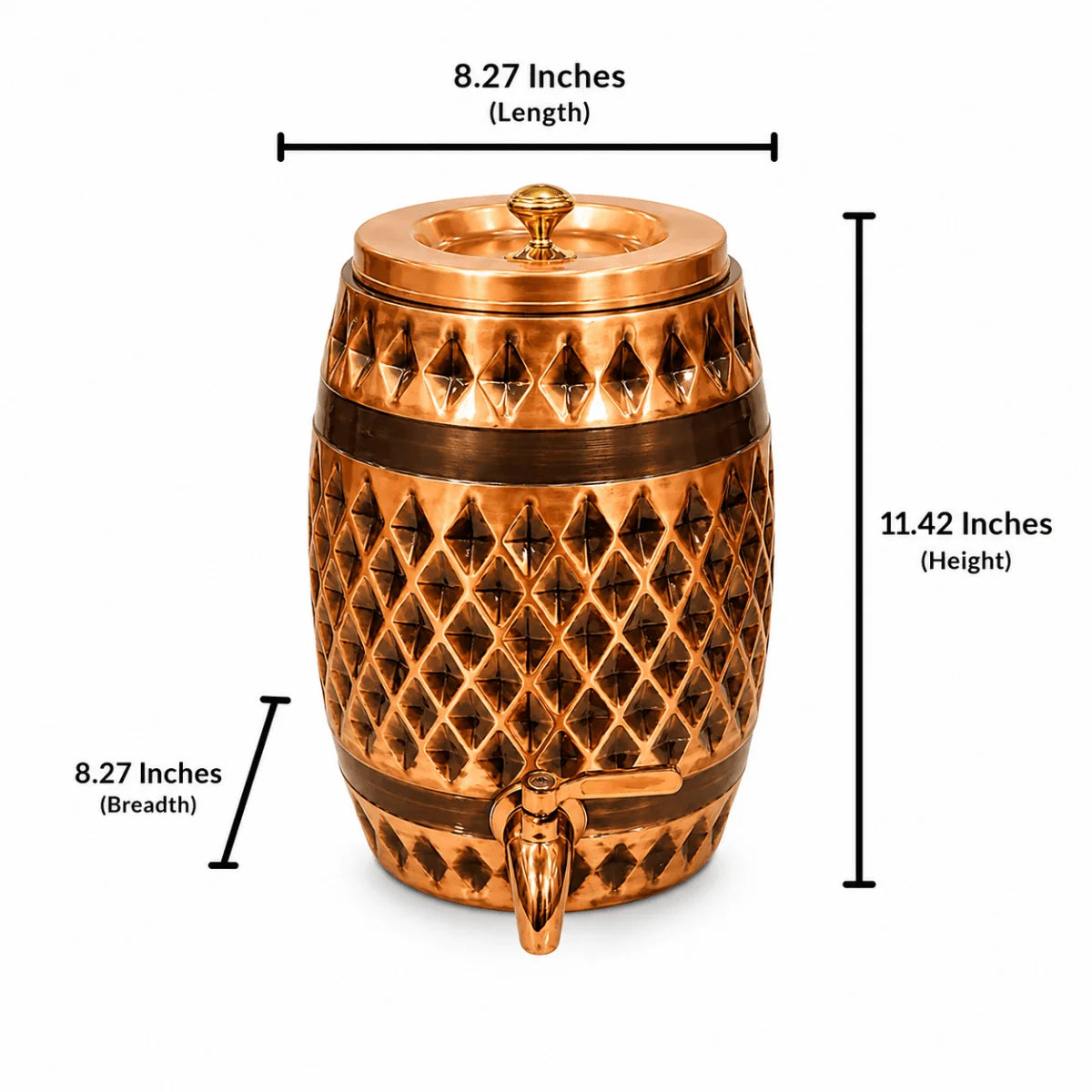 RoyalStuffs Dholak-Shaped Diamond Pattern Antique Copper Water Dispenser – Handcrafted Copper Beverage Dispenser with Tap